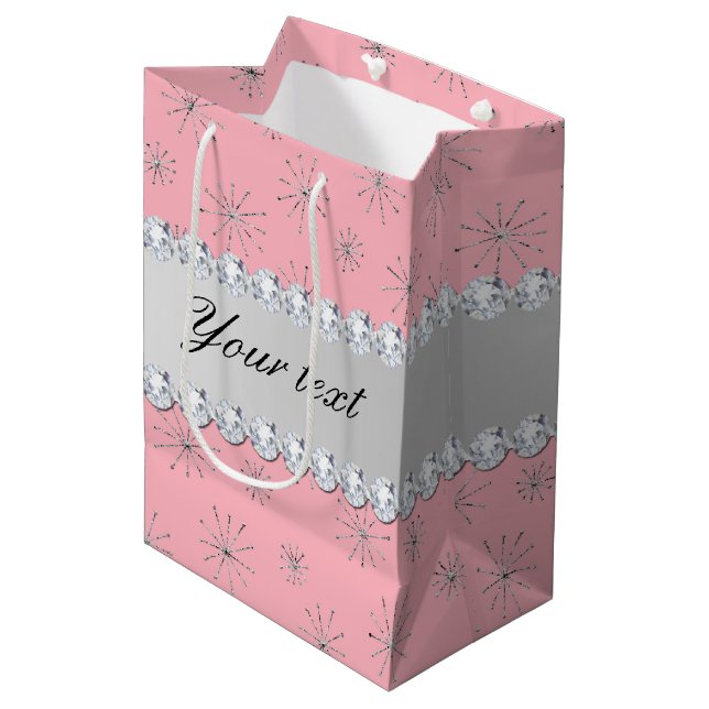 Chic Silver Glitter Snowflakes Pink Medium Gift Bag (Front Angled)