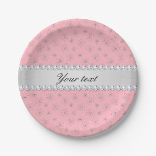 Chic Silver Glitter Snowflakes Pink Paper Plate
