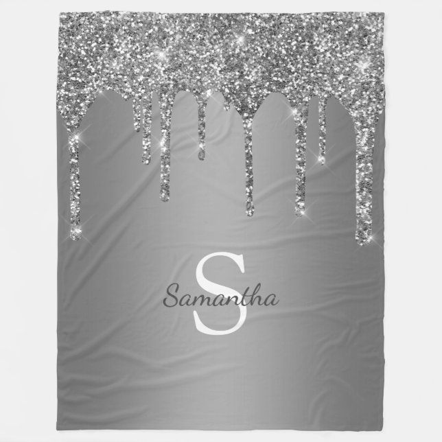 Chic Silver Glitter Sparkle Drips Monogram Name Fleece Blanket (Front)