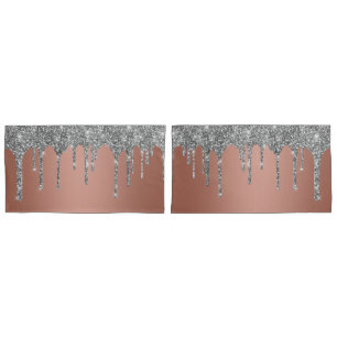 Chic Silver Glitter Sparkle Drips Rose Gold Pillowcase