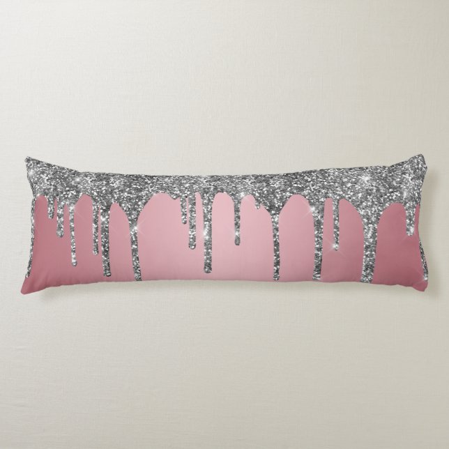 Chic Silver Glitter Sparkle Drips Rose Gold Pink Body Pillow (Front)