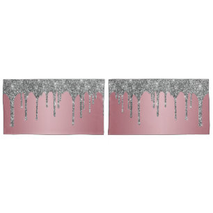 Chic Silver Glitter Sparkle Drips Rose Gold Pink Pillowcase