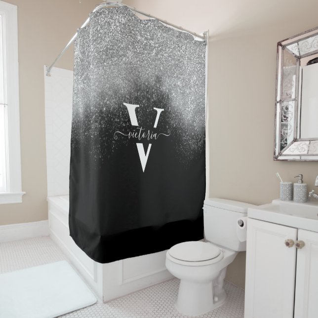 Chic Silver Glitter Sparkle Monogram Black Custom (In Situ)