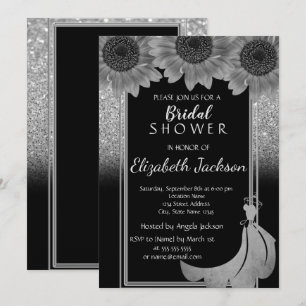Chic Silver Glitter Sunflowers Dress Bridal Shower Invitation