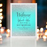 Chic silver glitter teal Bat Mitzvah welcome Poster<br><div class="desc">Chic silver typography and silver glitter ombre teal blue Bat Mitzvah party welcome sign. The teal blue background is fully customizable. Add your Hebrew name.</div>