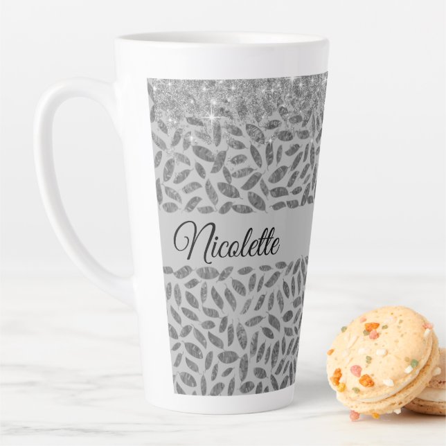 Chic Silver Glittery Feathers Personalized Latte Mug (In Situ)
