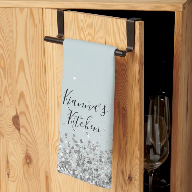 Chic Silver Glittery Personalized Kitchen Towel (Thirds Fold)