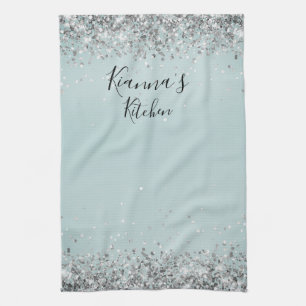 Chic Silver Glittery Personalized Kitchen Towel