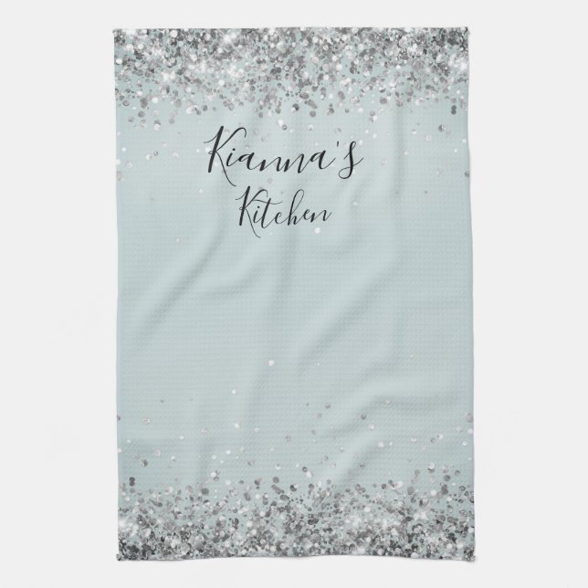 Chic Silver Glittery Personalized Kitchen Towel (Vertical)