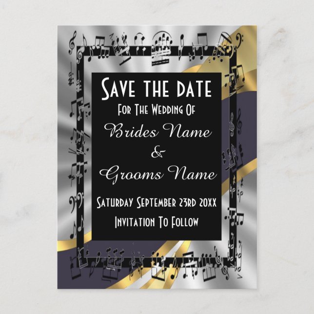 Chic silver gold and black save the date announcement postcard (Front)