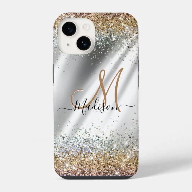Chic silver Gold faux glitter monogram iPhone Case (Back)