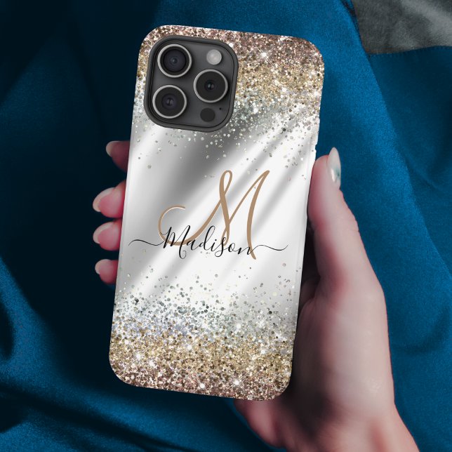 Chic silver Gold faux glitter monogram iPhone Case (Creator Uploaded)