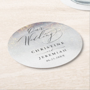 Chic Silver Gold Sparkle Watercolor Luxury Wedding Round Paper Coaster