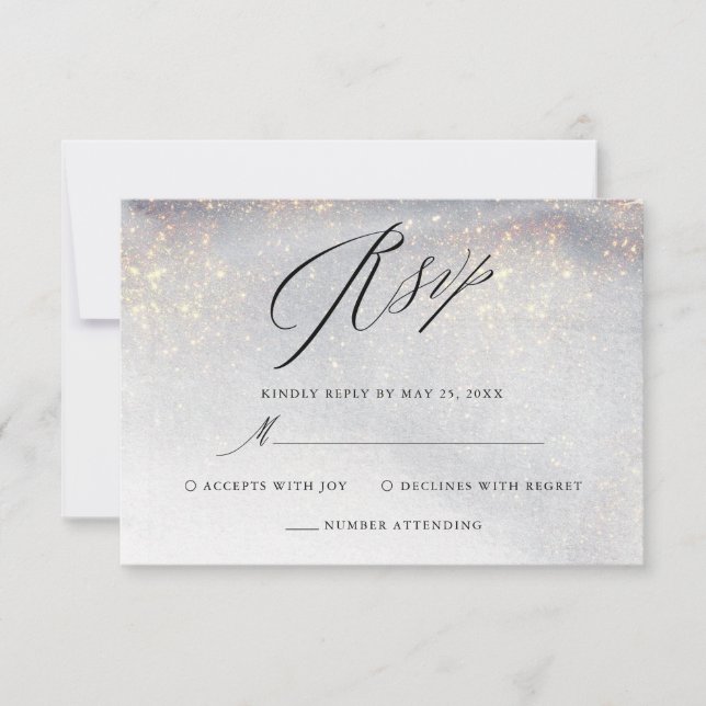 Chic Silver Gold Sparkle Watercolor Luxury Wedding RSVP Card (Front)
