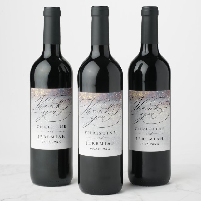 Chic Silver Gold Sparkle Watercolor Luxury Wedding Wine Label (Bottles)