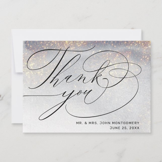 Chic Silver Gold Sparkles Aquarelle Mariage Merci (Devant)