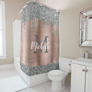 Chic Silver Gray Glitter Drips Pink Metal Monogram