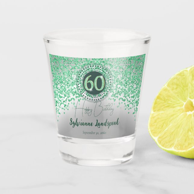 Chic Silver & Green Glitter 60th Birthday Gift Shot Glass (Front)