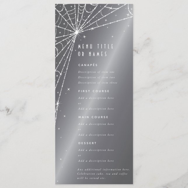Chic Silver-Grey Diamond Spider Web Flat 4 Course Menu (Front)