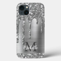 Chic Silver Grey Glitter Drips Monogram Pink Metal