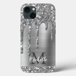 Chic Silver Grey Glitter Drips Monogram Pink Metal iPhone 13 Case