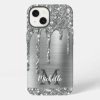 Chic Silver Grey Glitter Drips Monogram Pink Metal