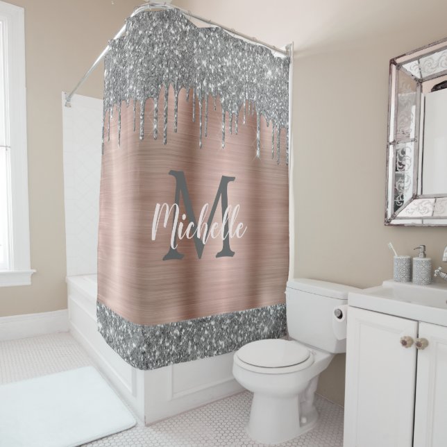Chic Silver Grey Glitter Drips Pink Metal Monogram (In Situ)