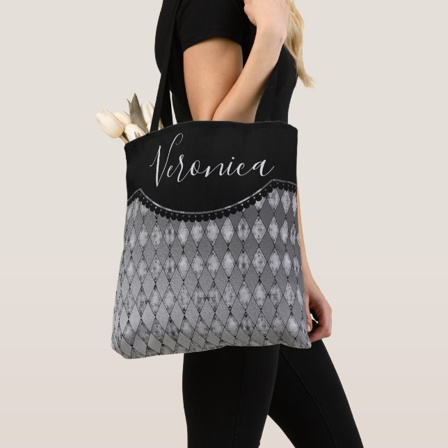 Chic Silver Harlequin Personalized Tote Bag (Close Up)