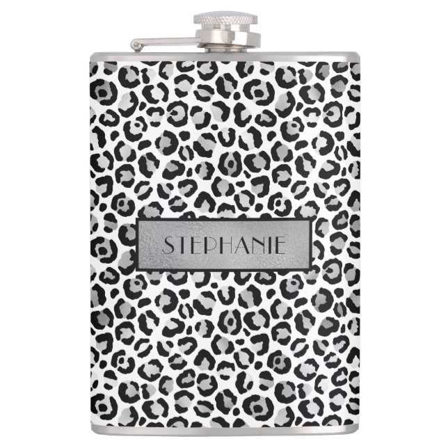 Chic Silver Leopard Print Personalized Hip Flask (Front)