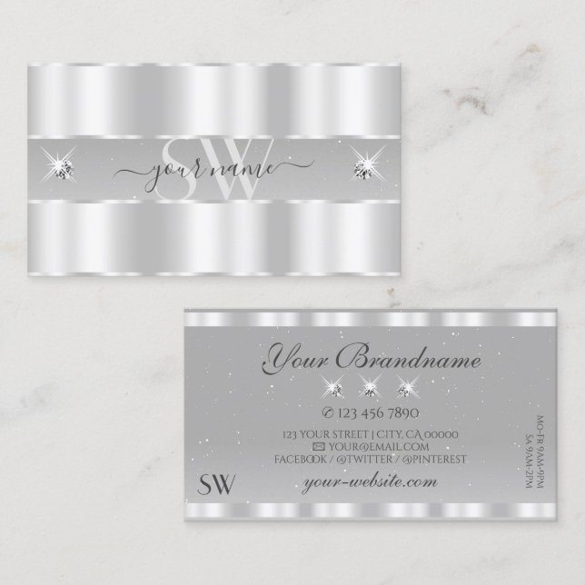 Chic Silver Light Grey Sparkling Diamonds Monogram Business Card (Front/Back)