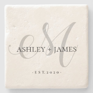  Chic Silver M Monogram Script Name Wedding Date Stone Coaster
