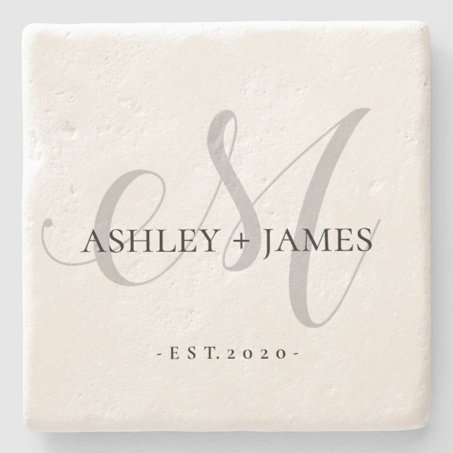  Chic Silver M Monogram Script Name Wedding Date Stone Coaster (Front)