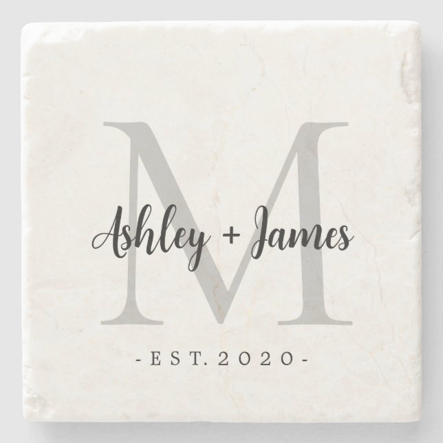 Chic Silver Monogram Script Names Wedding Date Stone Coaster (Front)