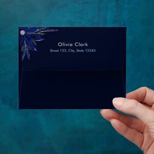 Chic Silver & Navy Blue Floral Wedding Envelope (Hand)