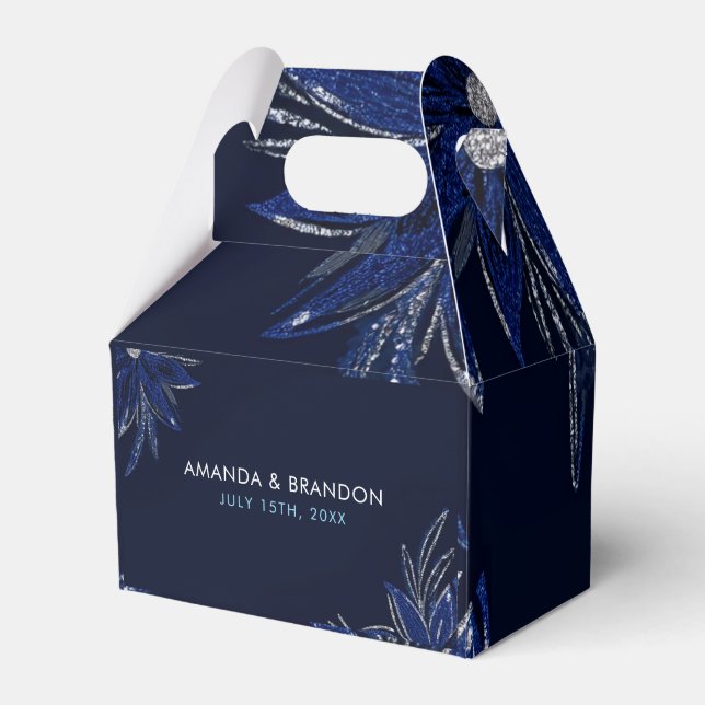 Chic Silver & Navy Blue Floral Wedding Favor Box (Front Side)