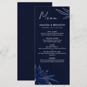 Chic Silver & Navy Blue Floral Wedding Menu