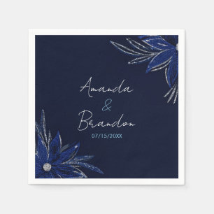 Chic Silver & Navy Blue Floral Wedding Napkin