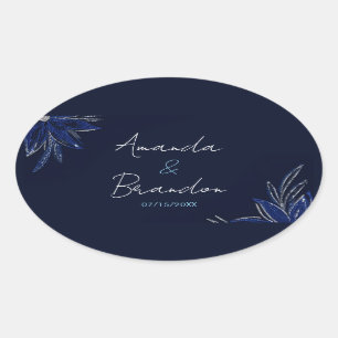 Chic Silver & Navy Blue Floral Wedding Oval Sticker