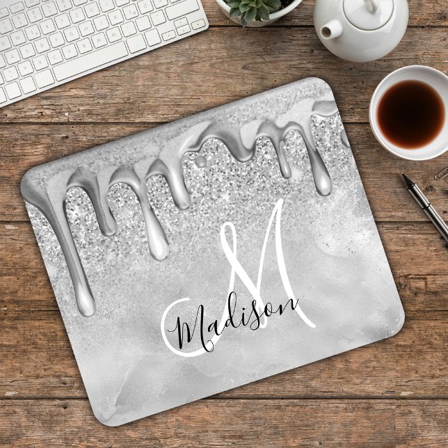 Chic silver ombre glitter drips monogram mouse pad (Creator Uploaded)