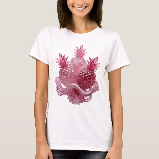 Chic Silver PINK GLASS PINEAPPLES Text Design T-Shirt (Front)