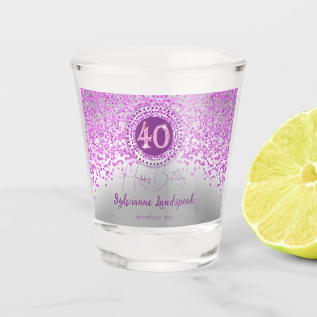 Chic Silver & Pink Glitter 40th Birthday Gift Shot Glass (Front)