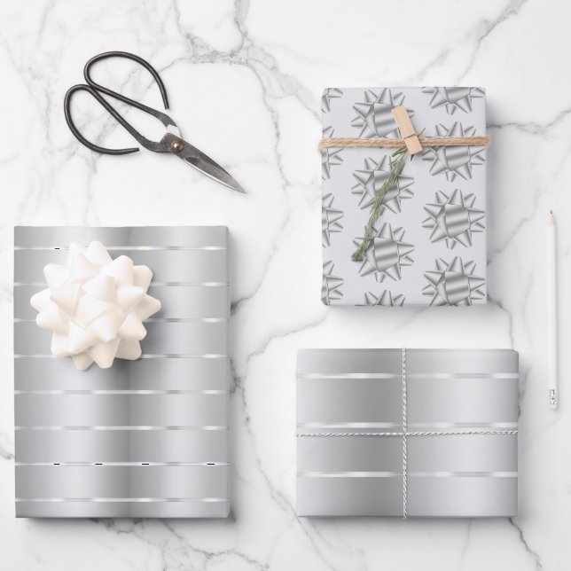 Chic Silver Ribbon Bow Bridal Shower Wrapping Paper Sheet (Front)
