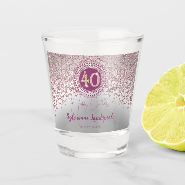Chic Silver & Rose Gold Glitter 40th Birthday Gift Shot Glass (Front)