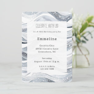 Chic Silver Sparkle Waves Birthday Invitation