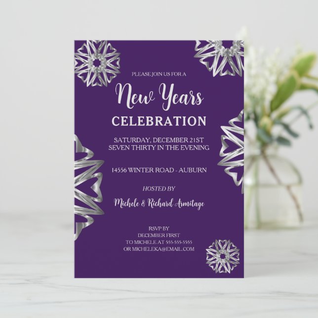 Chic Silver Stars New Years Invitation (Standing Front)