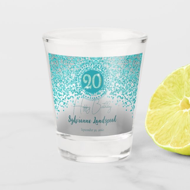 Chic Silver & Teal Blue Glitter 20th Birthday Gift Shot Glass (Front)