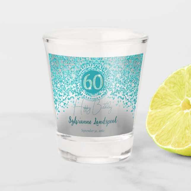 Chic Silver & Teal Blue Glitter 60th Birthday Gift Shot Glass (Front)