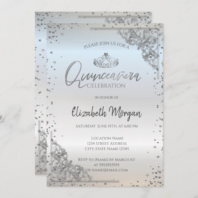 Chic Silver Tiara,Diamonds Quinceañera  Invitation (Front/Back)