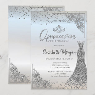 Chic Silver Tiara Dress Stars Quinceañera  Invitation