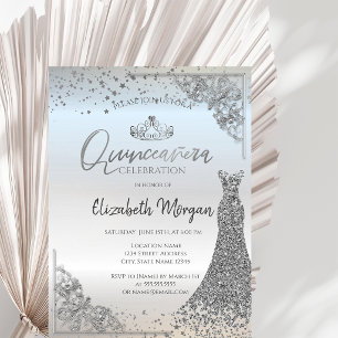 Chic Silver Tiara Dress Stars Quinceañera Invitation